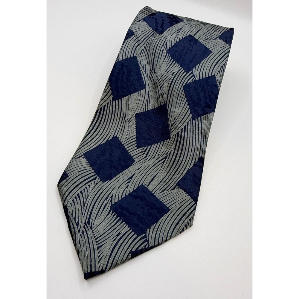 Giorgio Armani Cravatte Mens Silk Tie Navy Blue Silver Geometric Made in Italy